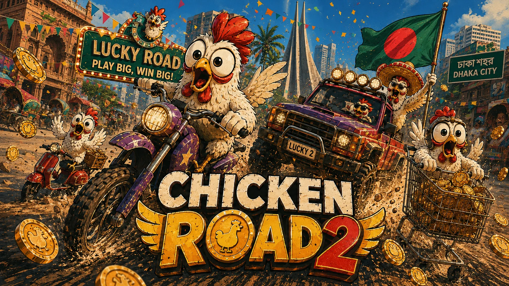 Chicken Road 2 artwork with Dhaka city and Bangladesh flag