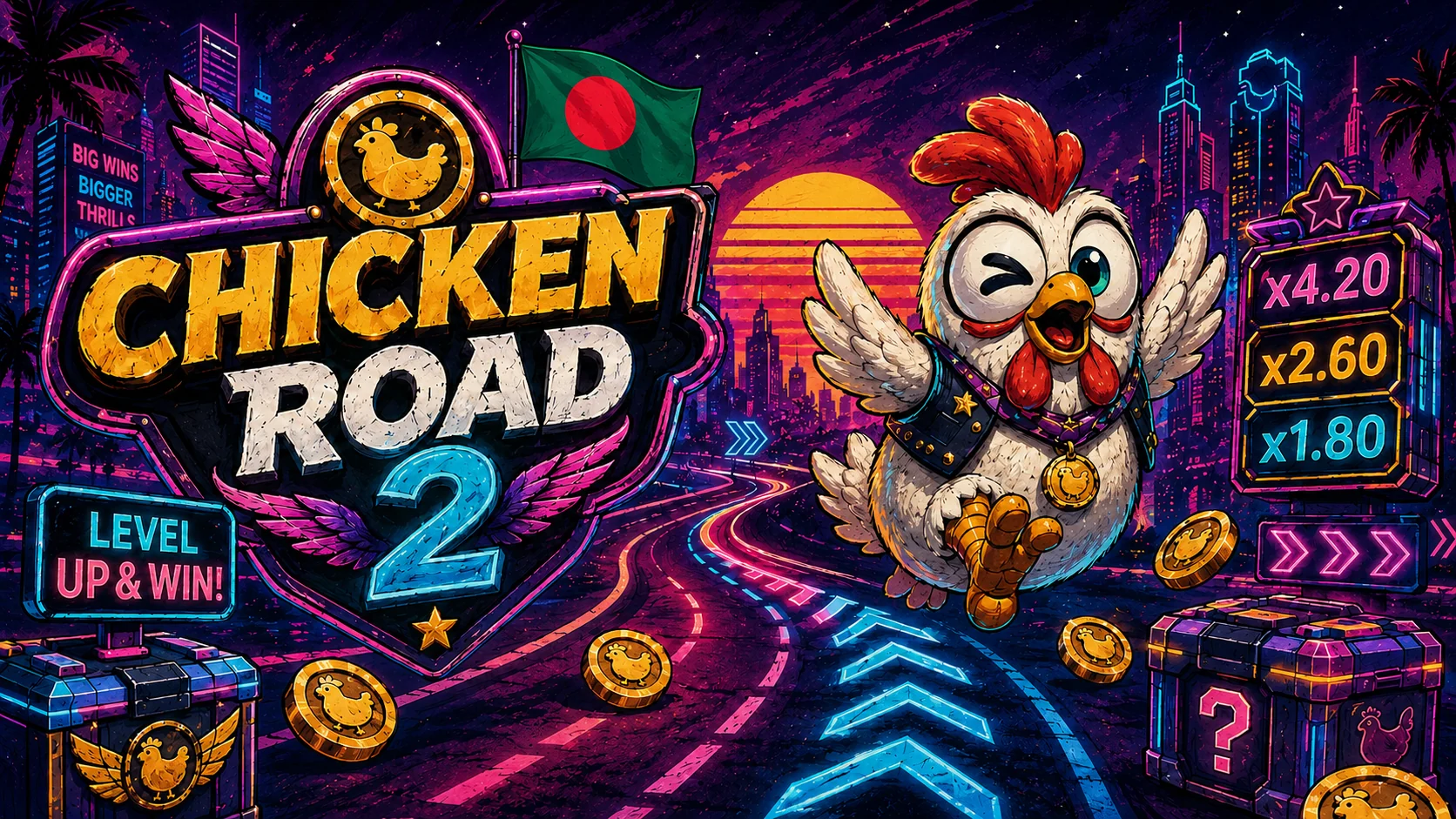Chicken Road 2 neon gameplay screen with level up multipliers
