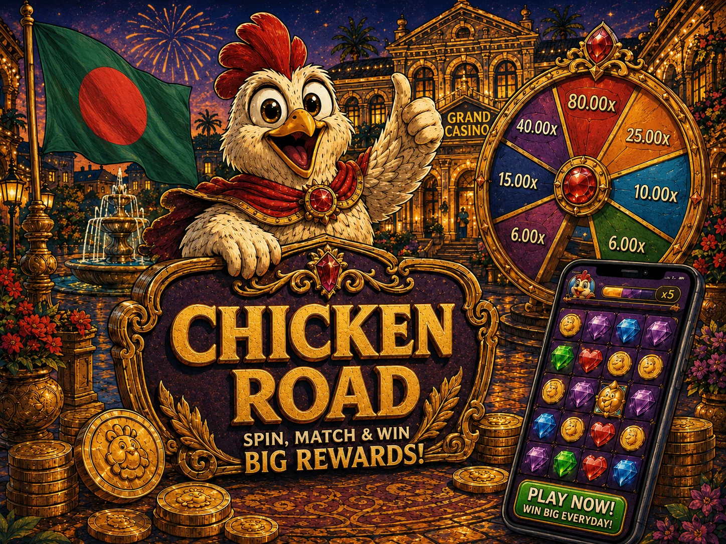 Chicken Road casino artwork with Bangladesh flag and mobile game screen